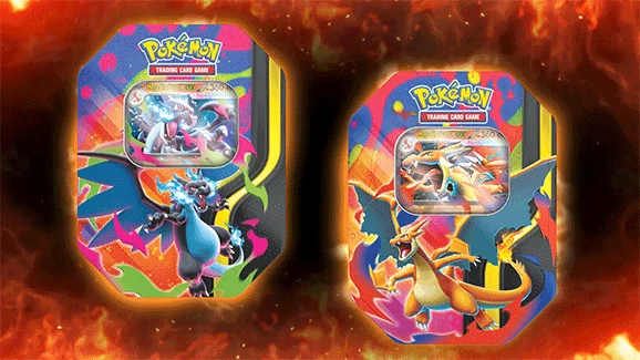 Mega Charizard X ex টিন — Publisher photo shows the available designs together.